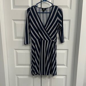 Super Stretchy Striped V-Neck Dress -Ties in Front - Navy and White
